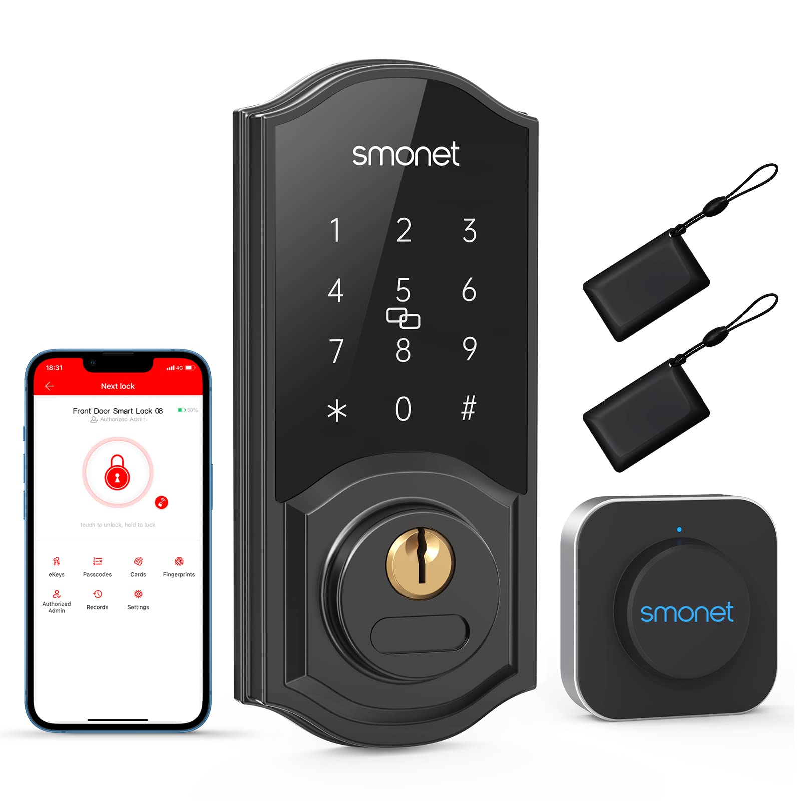 Smart Lock,SMONET Keyless Entry Door Lock with Handle,Fingerprint  Electronic Bluetooth Digital Keypad Auto Door Lock with Free APP Key Fob