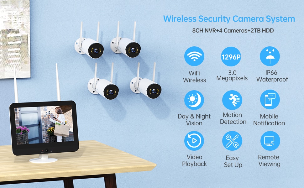 Wireless Security Camera System8CH NVR+4 Cameras+2TB HDD