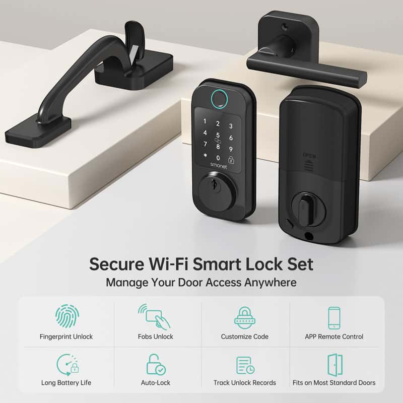 Black Front Door Lock Secure Wi-Fi Smart Lock Set
