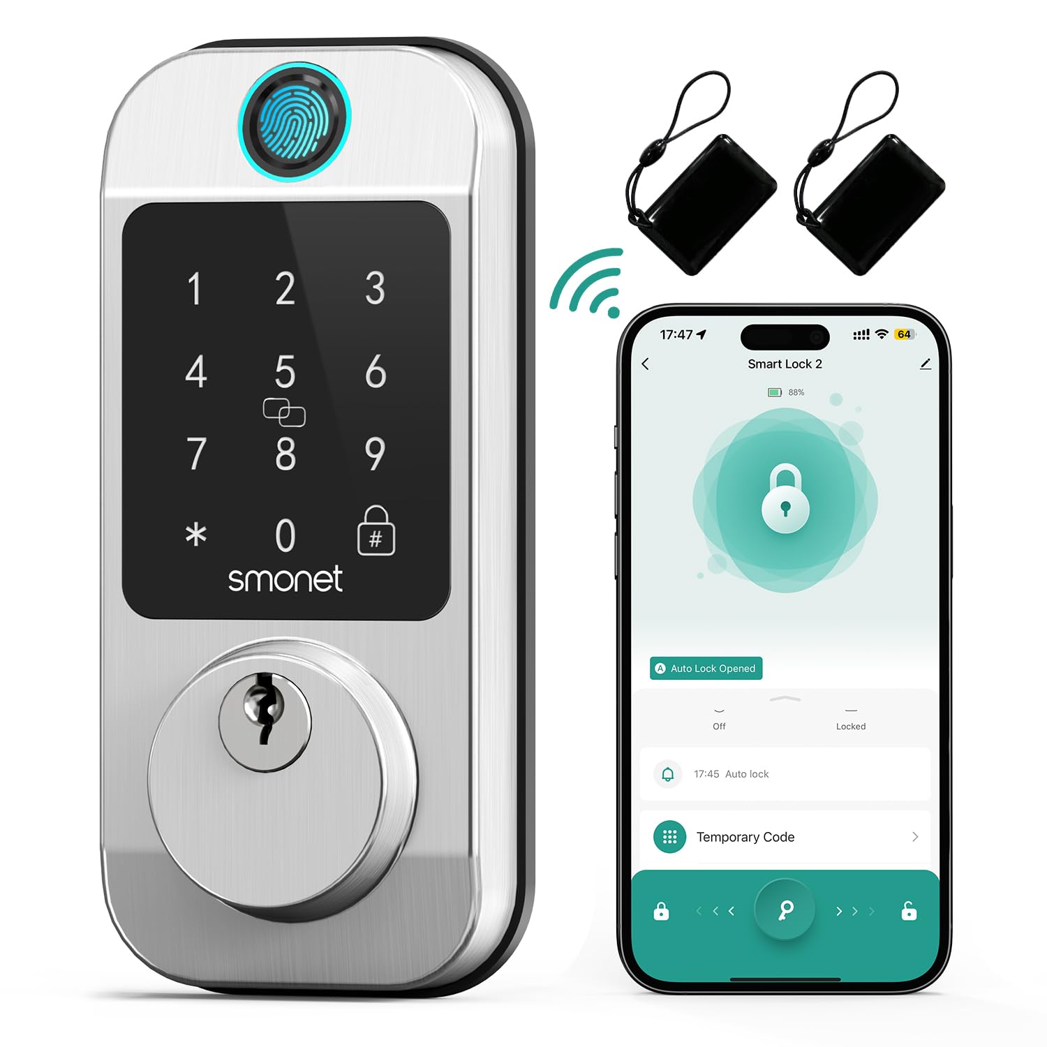 Smart Lock,SMONET Keyless Entry Door Lock with Handle,Fingerprint  Electronic Bluetooth Digital Keypad Auto Door Lock with Free APP Key Fob