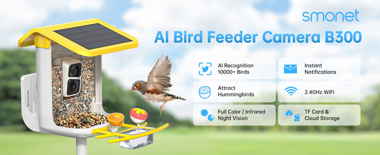 solar bird feeder b300 - smonet AI bird feeder camera
