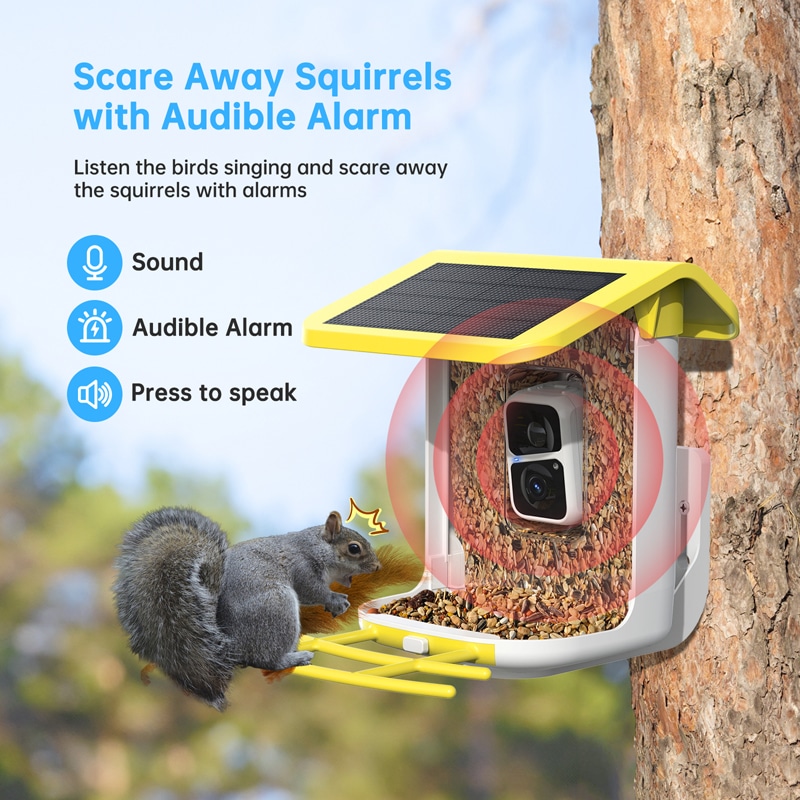 solar bird feeder camera - scare away squirrels with audible alarm